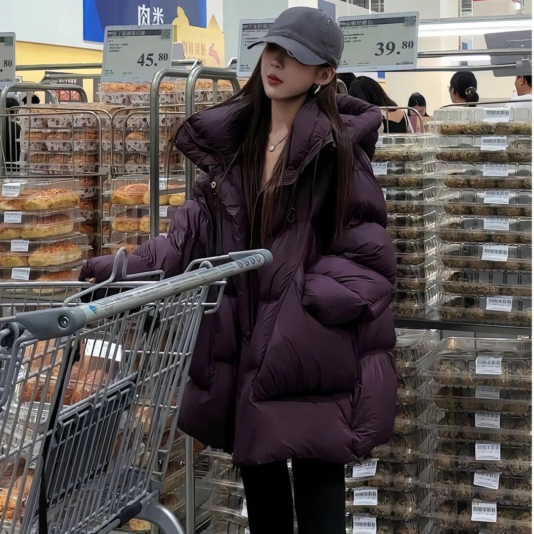 欧货泡芙羽绒服女2024冬季新款连帽中长款加厚白鸭绒保暖宽松外套