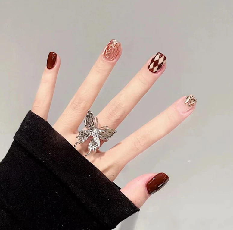 （短款） 菱形纹格穿戴甲显白美甲贴片甲贴片美甲可拆卸穿戴式美甲