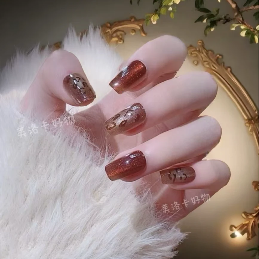 （长短可选）高级感美甲贴片显白豹纹猫眼穿戴甲穿戴式可拆卸假指片