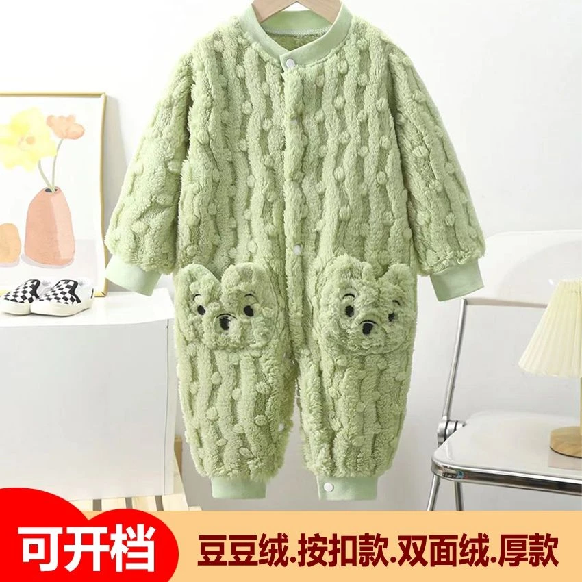 新款2023新款儿童连身衣加绒宝宝睡衣家居服婴儿秋冬睡袋按扣0到1