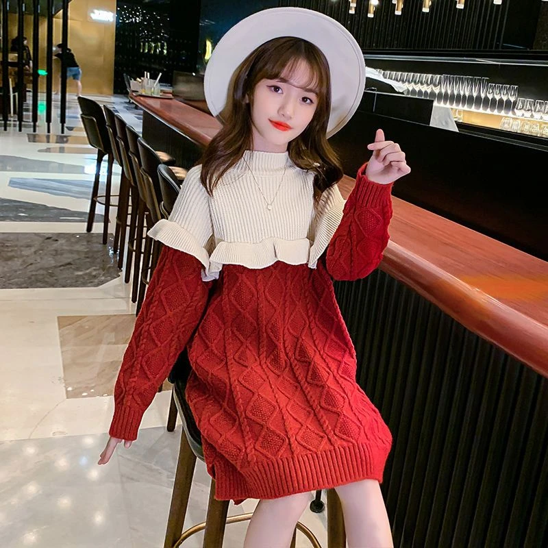 女童秋冬装毛衣连衣裙2023新款儿童套头加厚裙针织裙小女孩毛线裙