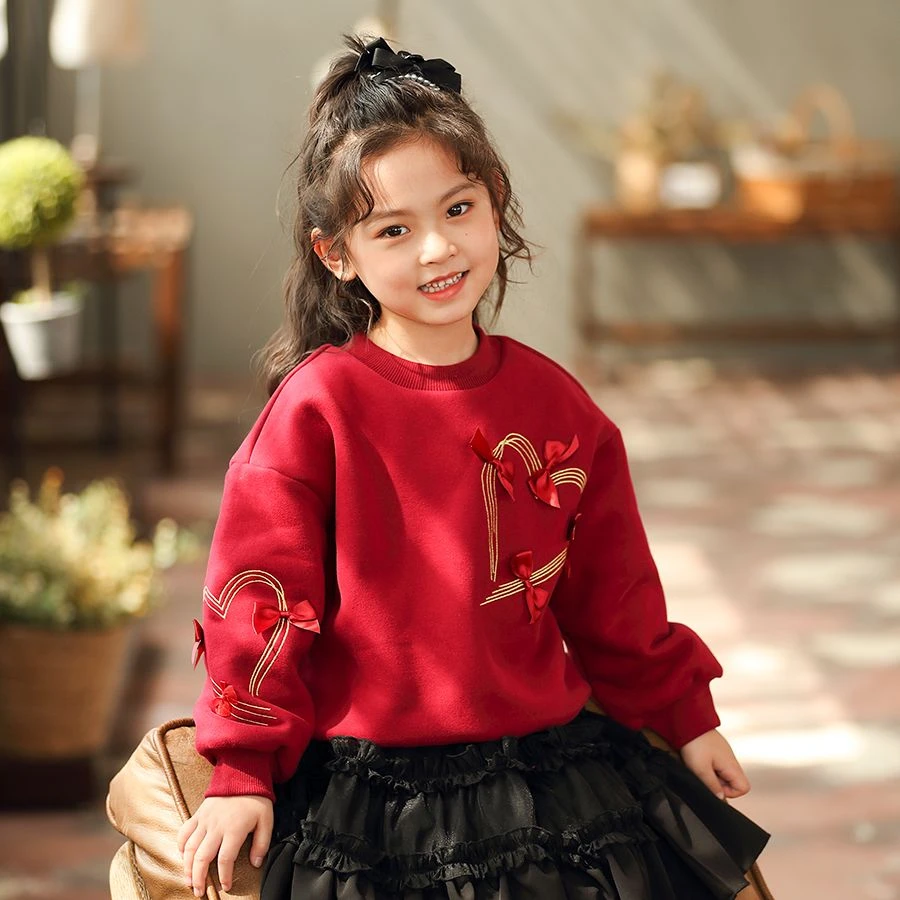 女童长袖T恤2023秋冬新款卫衣中大童春秋刺绣蝴蝶结韩版加绒上衣