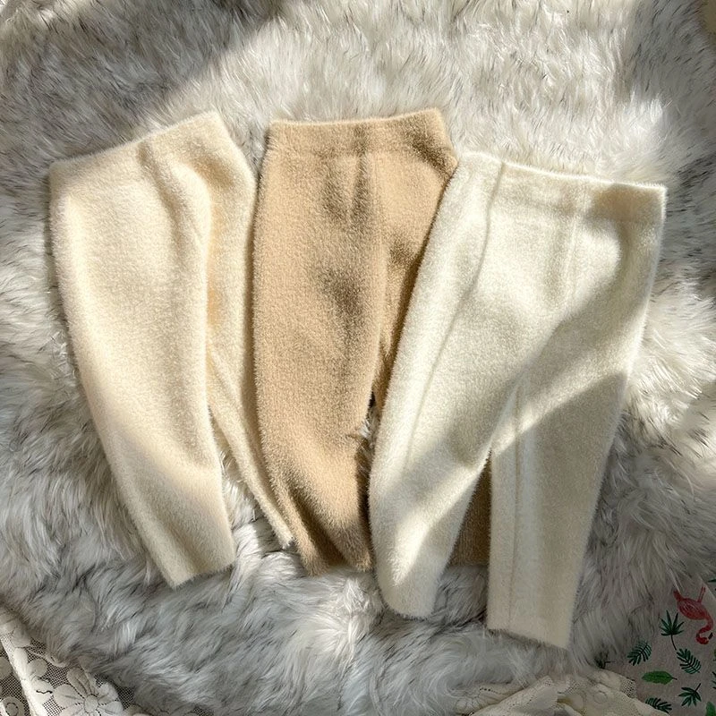 秋冬加厚女童针织裤仿貂绒儿童外穿直筒裤奶奶裤萝卜裤休闲九分裤