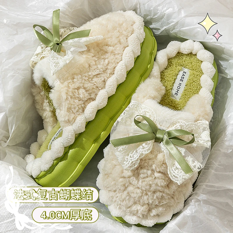 冬季棉拖鞋女款学生版蝴蝶结厚底防滑保暖居家休闲百搭家庭拖鞋女