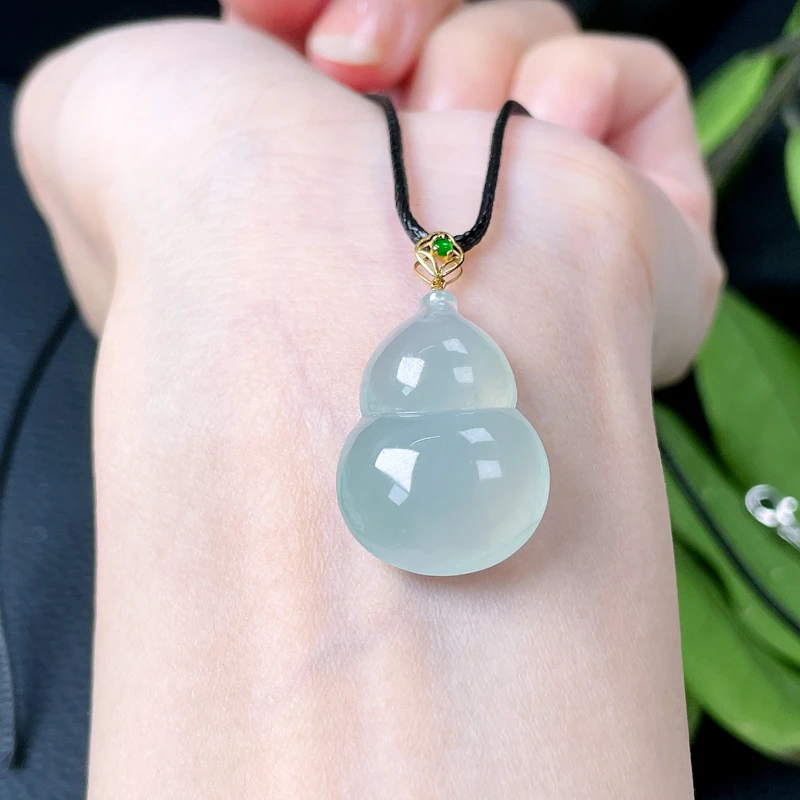 天然A货翡翠冰润晴底色小葫芦吊坠18k金镶嵌饱满高品质简约百搭