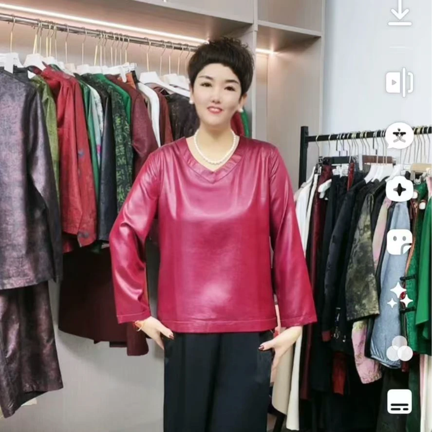 2024002075新款双面穿T血衫气质时尚百搭油皮老料纯色净版小衫