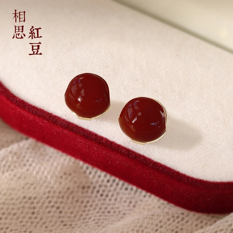 合金耳饰 相思红豆超美双面耳扣复古风轻奢百搭时尚高级经典耳坠