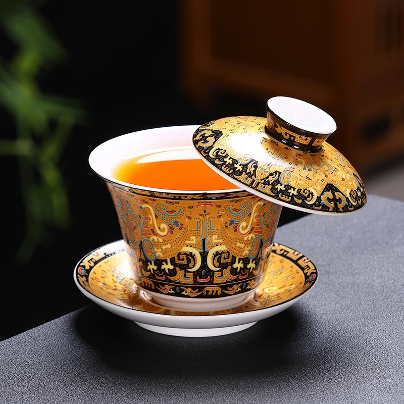 豹霖唐卡中式可悬停盖碗陶瓷创意家用复古金银错三才盖碗白瓷茶具