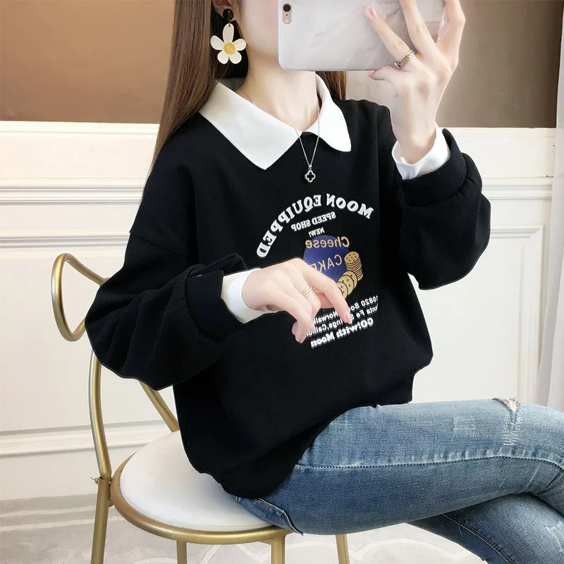 啄木鸟秋冬季新款卫衣女韩版宽松设计感翻领假两件加绒加厚上衣女