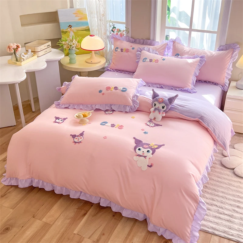 韩版公主风荷叶花边卡通毛巾绣亲肤水洗棉四件套可爱少女四季床品