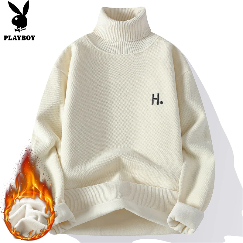 花花公子毛衣男士休闲宽松高领冬季加绒加厚潮流百搭打底针织衫男