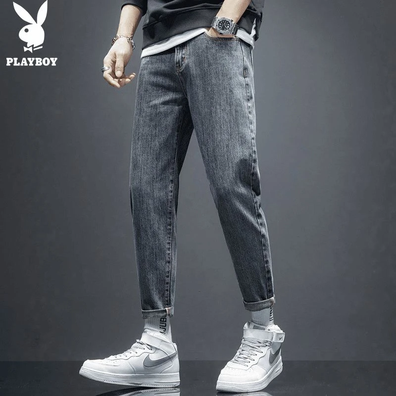 花花公子直筒牛仔裤男士春秋新款百搭韩版潮流休闲弹力九分裤子男