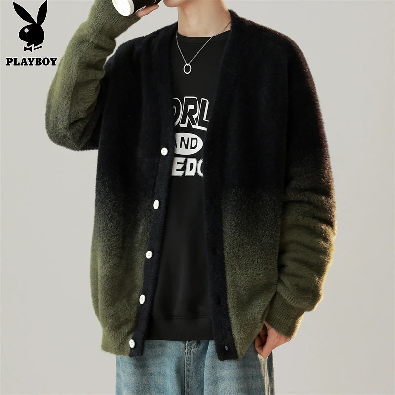 花花公子男士毛衣渐变开衫秋冬新款潮流保暖百搭宽松针织衫外套男