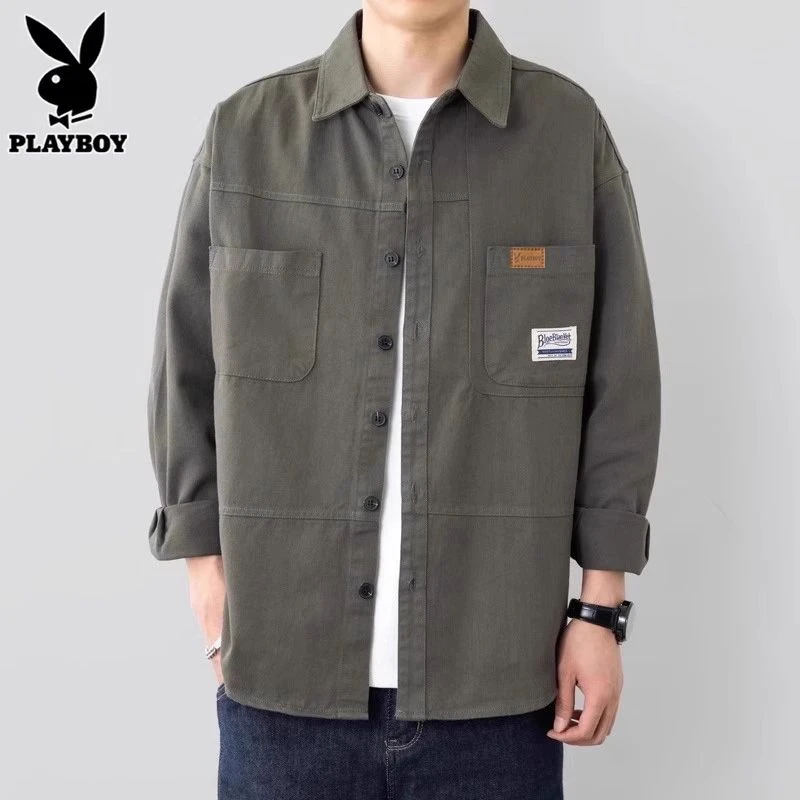 花花公子长袖衬衫男士休闲宽松春秋季新款纯色翻领工装百搭衬衣男