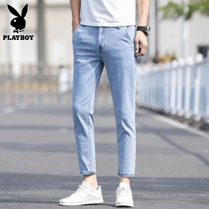 花花公子牛仔裤男士春秋季新款潮流百搭修身小脚复古青年九分裤男