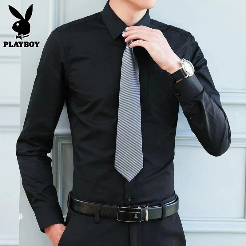 花花公子长袖衬衫男士春秋季新款休闲商务纯色修身百搭翻领衬衣男