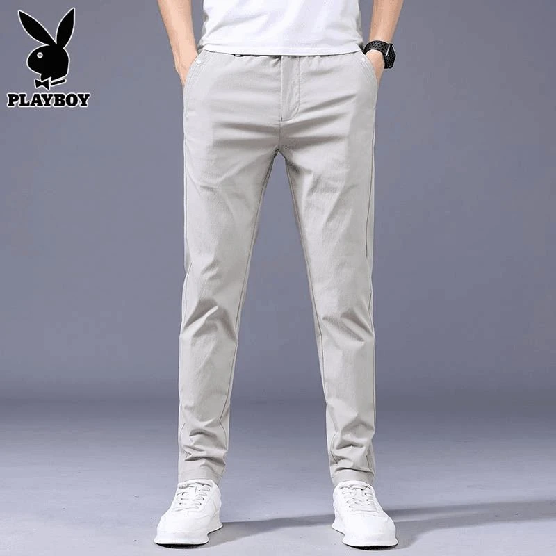 花花公子休闲裤男士新款修身小脚裤夏季潮流纯色薄款透气长裤子男