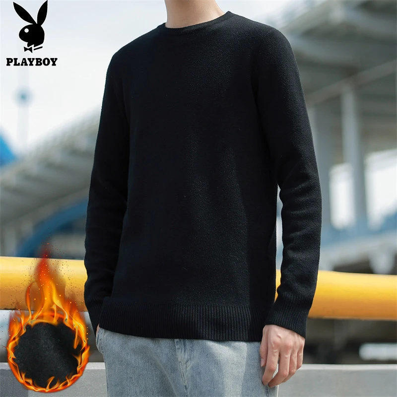 花花公子男士毛衣秋冬新款加绒保暖纯色修身潮流百搭打底针织衫男