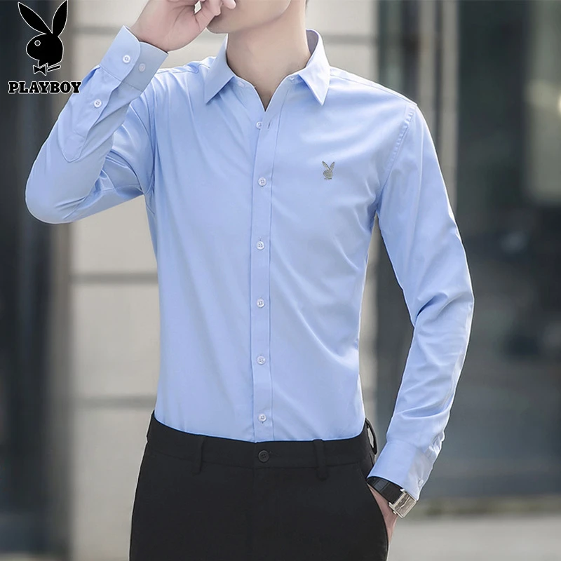花花公子男士衬衫春秋季休闲百搭大码纯色潮牌商务修身职业衬衣男