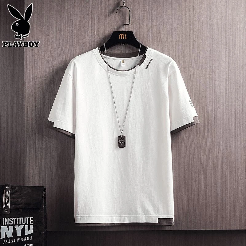 【永久下】短袖t恤男士潮流假两件宽松圆领上衣服男款夏季薄款体恤