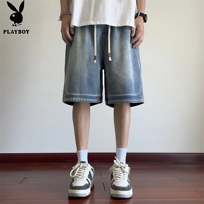 花花公子短裤男士夏季透气薄款潮流百搭宽松牛仔直筒休闲五分裤男