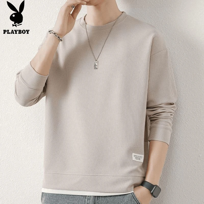花花公子华夫格卫衣男士潮流宽松春秋款圆领上衣休闲百搭长袖t恤