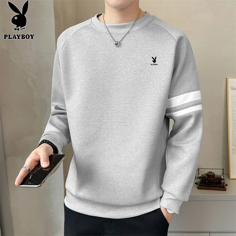 花花公子男士卫衣休闲春秋季潮流套头百搭圆领条纹新款宽松上衣男