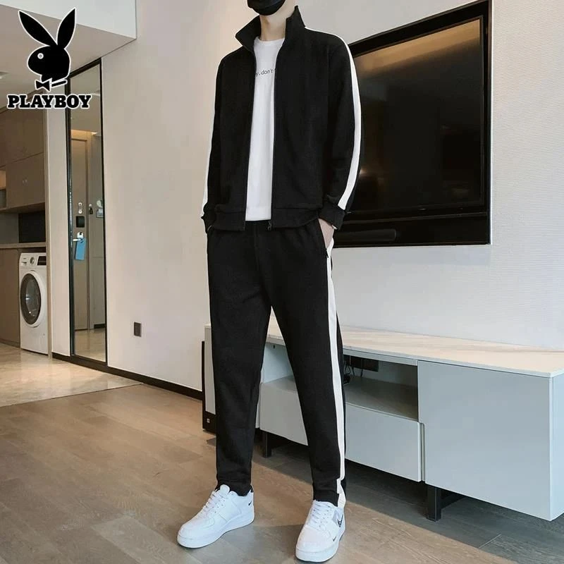 【永久下】休闲运动套装男士潮牌百搭立领直筒条纹撞色宽松两件套男