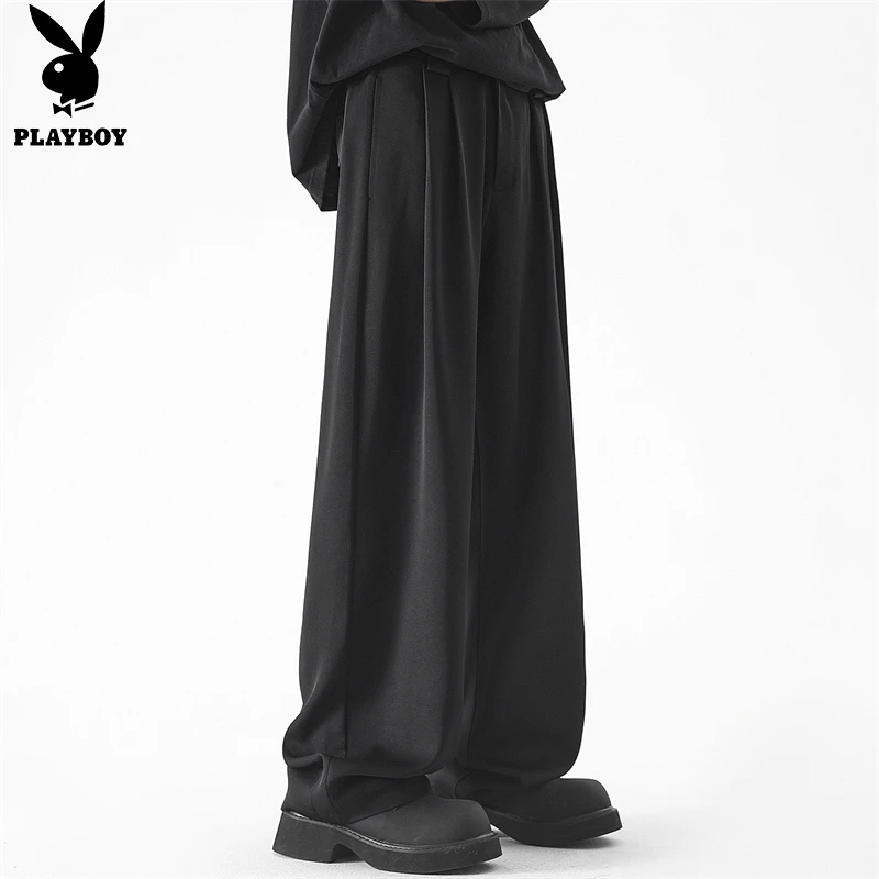 花花公子纯色直筒休闲裤男士春秋季新款百搭潮流宽松阔腿长裤子男