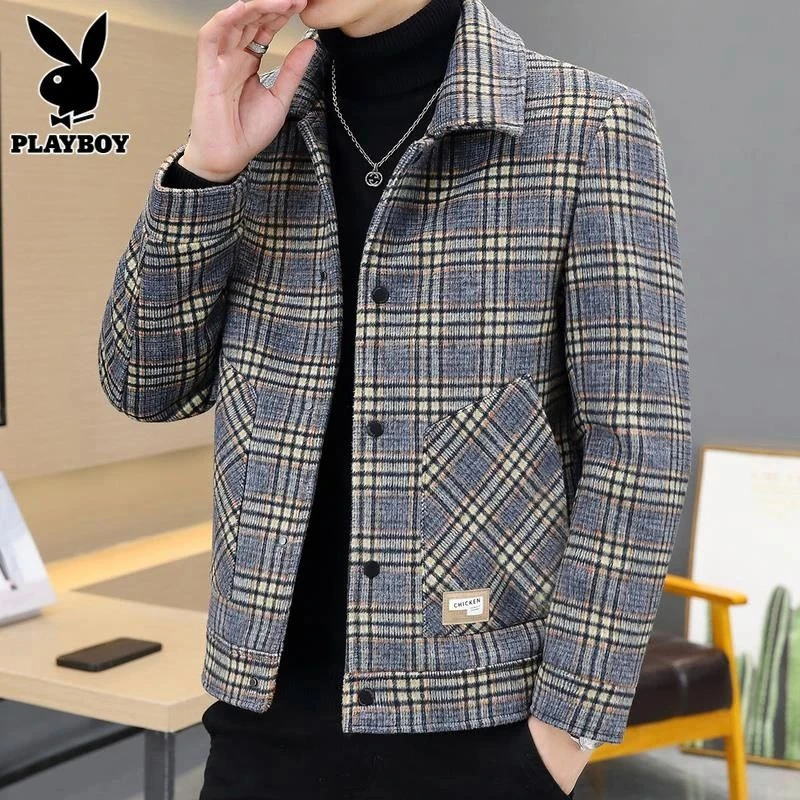 花花公子休闲毛呢大衣男士格子夹克秋冬季新款潮牌呢子翻领外套男