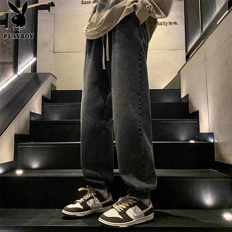 花花公子牛仔裤男士春秋季新款宽松束脚复古潮流百搭休闲长裤子男