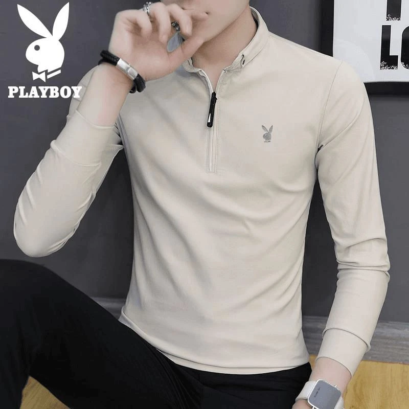 花花公子长袖t恤男士春秋季新款潮流休闲修身纯色立领半拉链上衣
