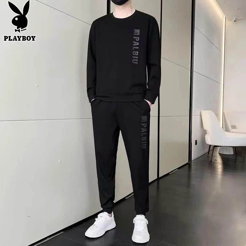 花花公子休闲运动套装男士春秋季新款潮流圆领宽松束脚长裤两件套
