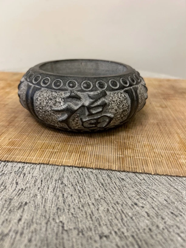 青石  小石盆，高6内深3.6内径9.8外径15复古雕刻纯手工主人杯茶道