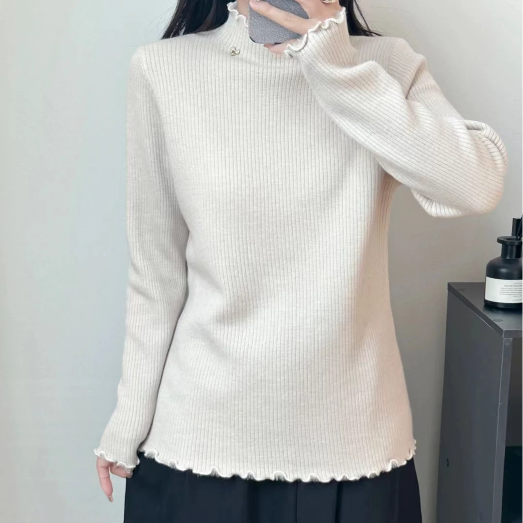 乐缘冬季新款韩版时尚百搭休闲保暖木耳边一体绒针织上衣*0128