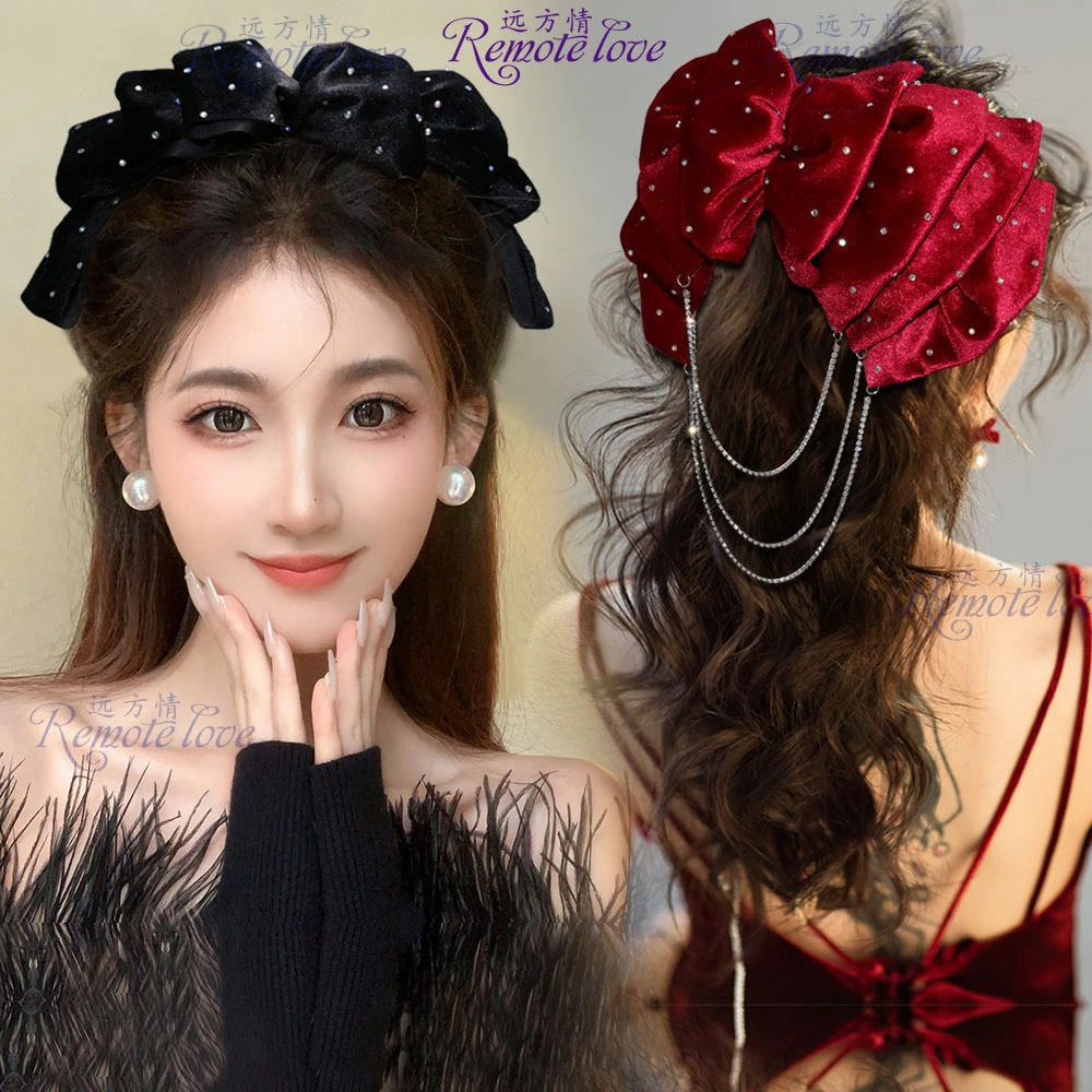 remote love/远方情轻奢满天星闪钻丝绒蝴蝶结流苏弹簧夹女T2028
