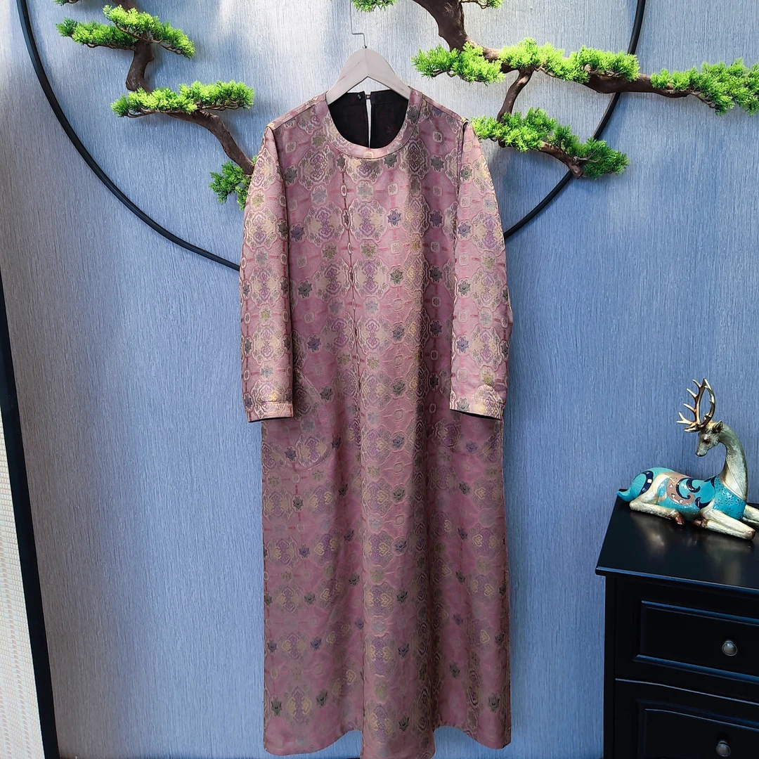 【千奈莉  】香云纱宋锦祥云如意纹圆领双面穿连衣裙23-40