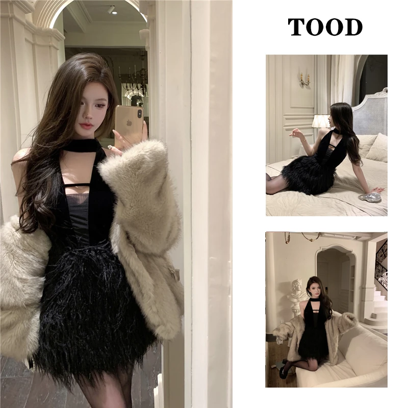 丝绒拼接毛毛挂脖连衣裙女冬季黑色生日礼服裙子气质收腰a字短裙