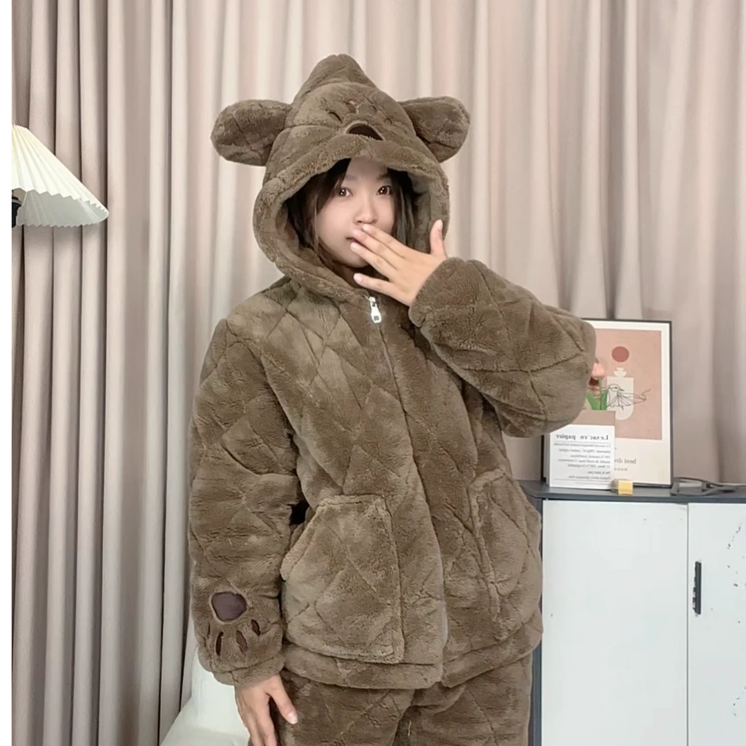 女款冬季爆款睡衣三层夹棉珊瑚绒特厚湖南省服保暖外穿家居服套装