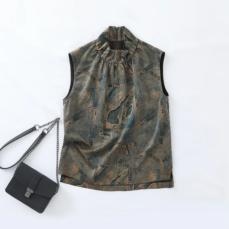 桑蚕丝香云纱女装高领无袖T恤背心夏季小衫国风中式提花S9636