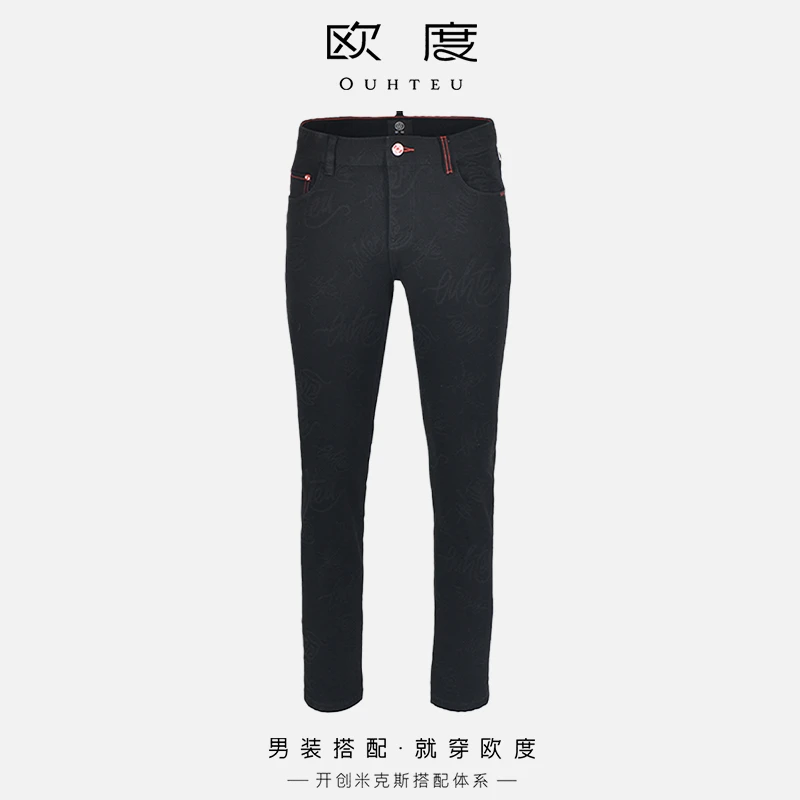 OUHTEU/欧度牛仔裤提花棉涤刺绣男舒适时尚修身型秋季黑色0270