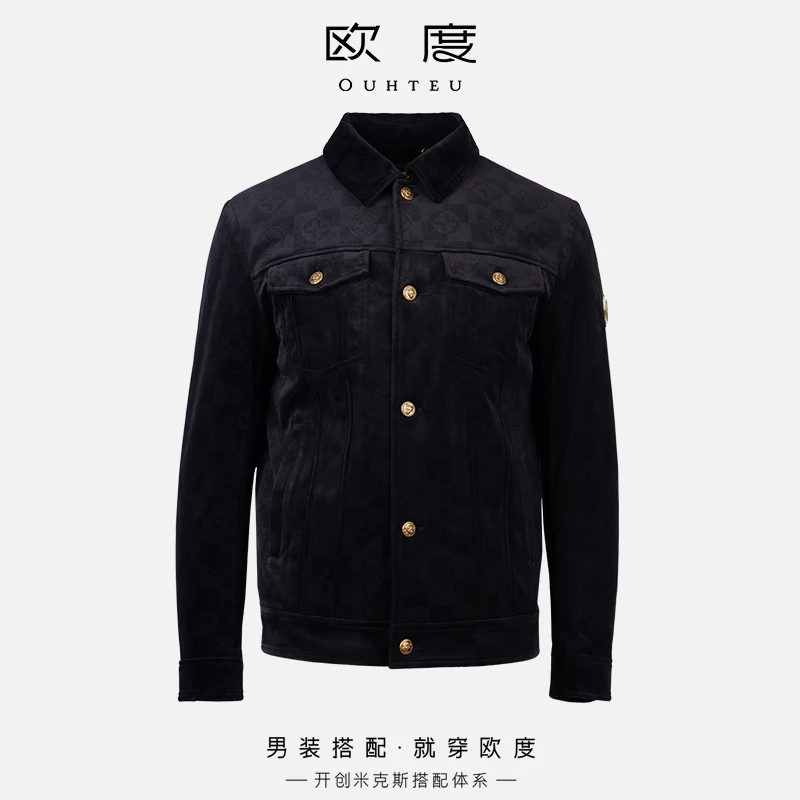 OUHTEU/欧度【丝绒面料 经典工装】24秋冬印花刺绣时尚翻领棉服7756