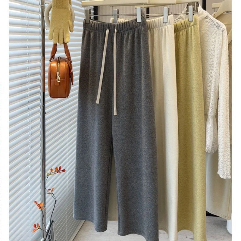 软糯加绒保暖慵懒垂感休闲弹力长裤秋冬松紧腰抽绳显瘦直筒窄版裤