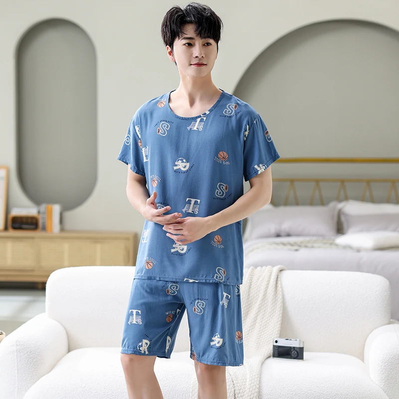 夏季新款男士棉绸时尚短袖短裤套装青少年薄款居家年轻男孩潮