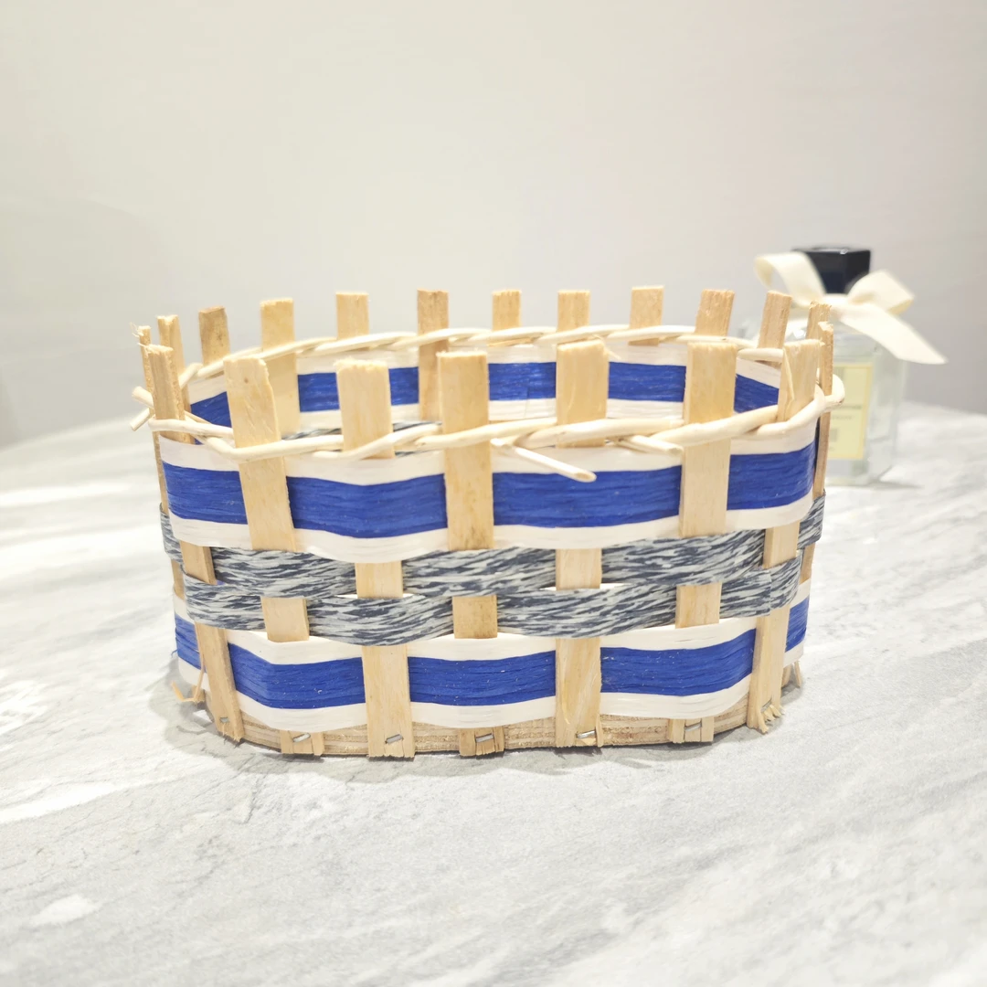 【蓝白条纹款】桌面收纳篮木制花篮电视柜遥控器杂物框家用收纳盒