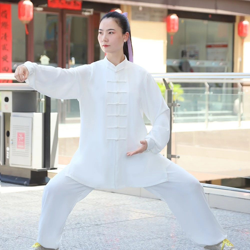 男女款单面丝纯白传统太极服套装 上袖灯笼裤有斜插口袋 垂坠飘逸