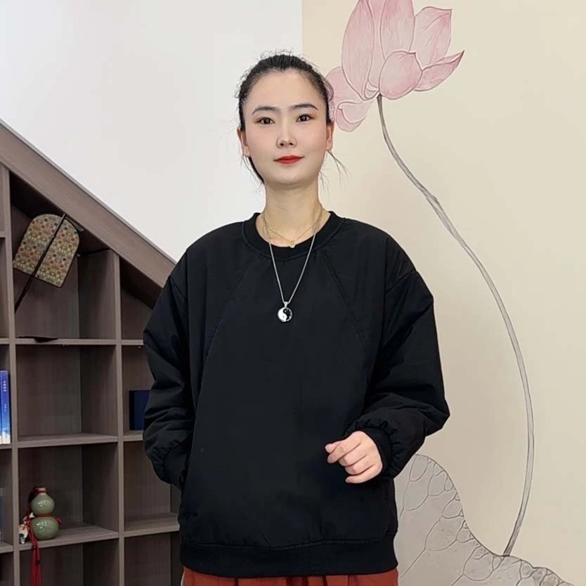 冬季新款纯色圆领夹棉卫衣女宽松套头棉衣