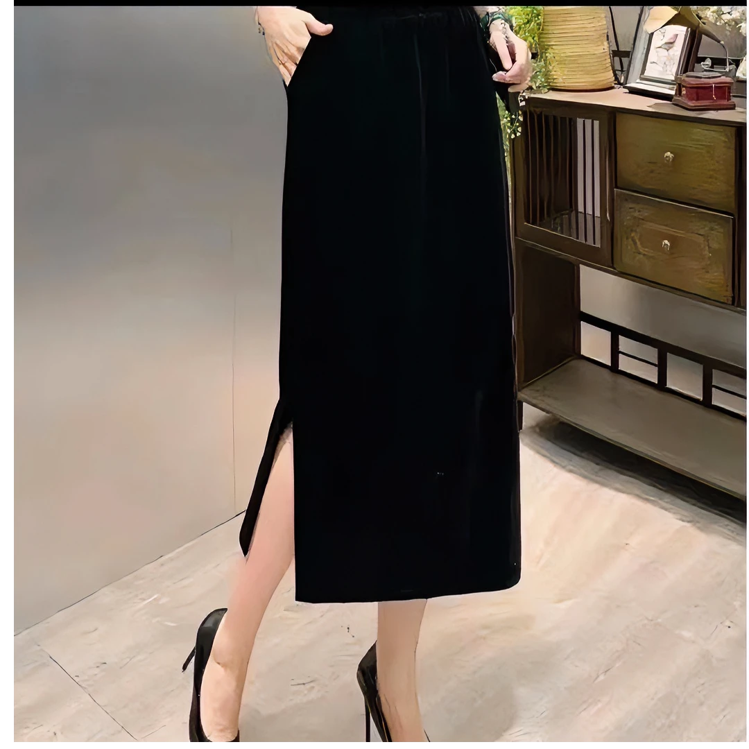 金丝绒半身裙黑色高腰包臀半裙新款百搭显瘦开叉一步裙中长款秋冬