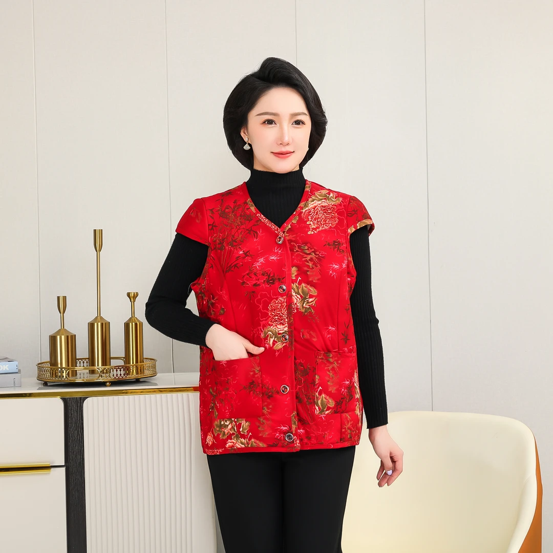 中老年冬季妈妈装护肩轻巧保暖休闲时尚棉袄马甲碎花印花加绒