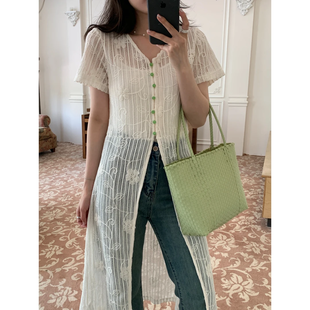 设计感小众重工刺绣短袖连衣裙女夏季新款气质叠穿开叉防晒长裙子